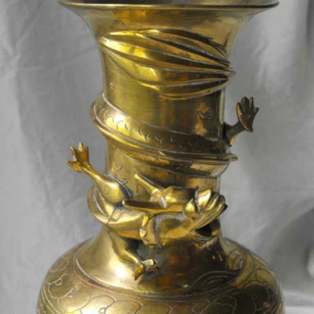 Antique Chinese Brass Dragon Vase Signed - Dragon chasing the Pearl of Knowledge